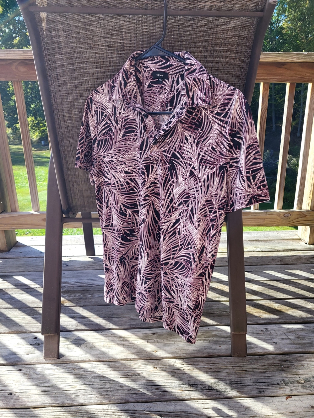 Express Men's Black Polo with Pink Leaf Print